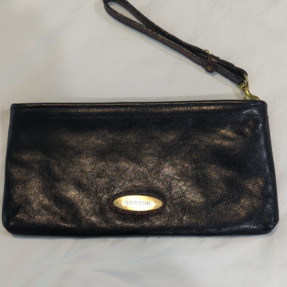 Brahmin Black Leather Wristlet Clutch